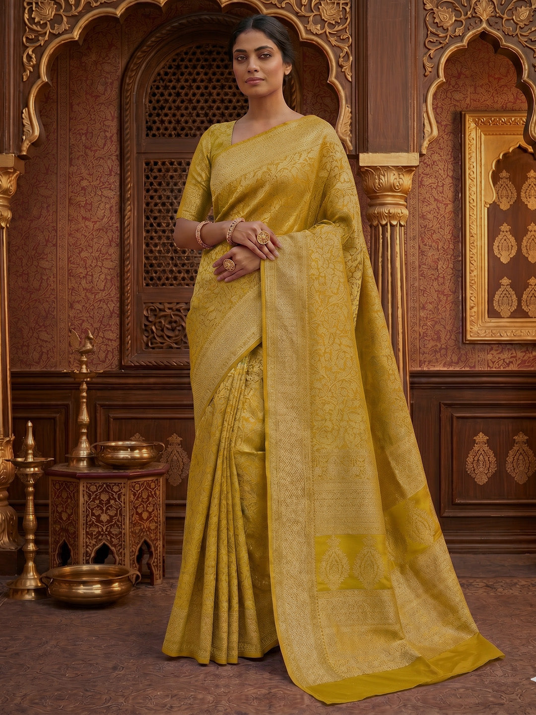 Olive Green Woven Design Art Silk Kanjivaram Saree