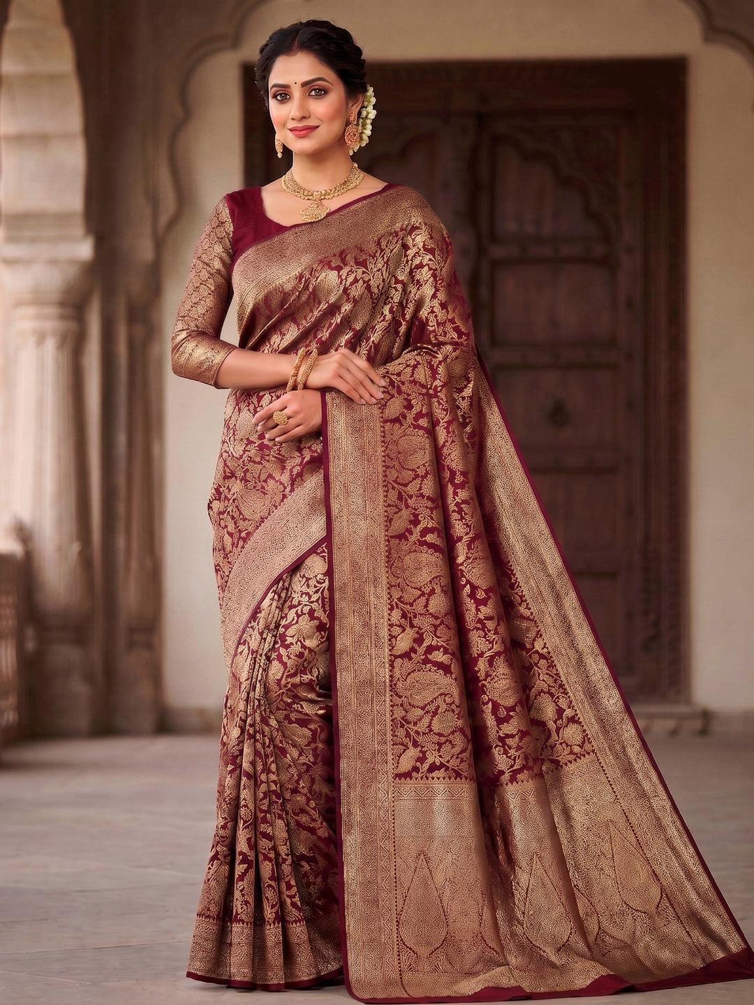 Maroon Woven Design Art Silk Kanjivaram Saree
