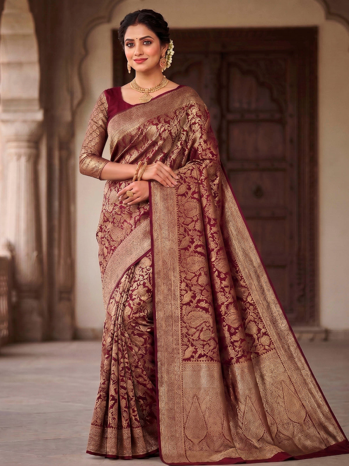 Maroon Woven Design Art Silk Kanjivaram Saree