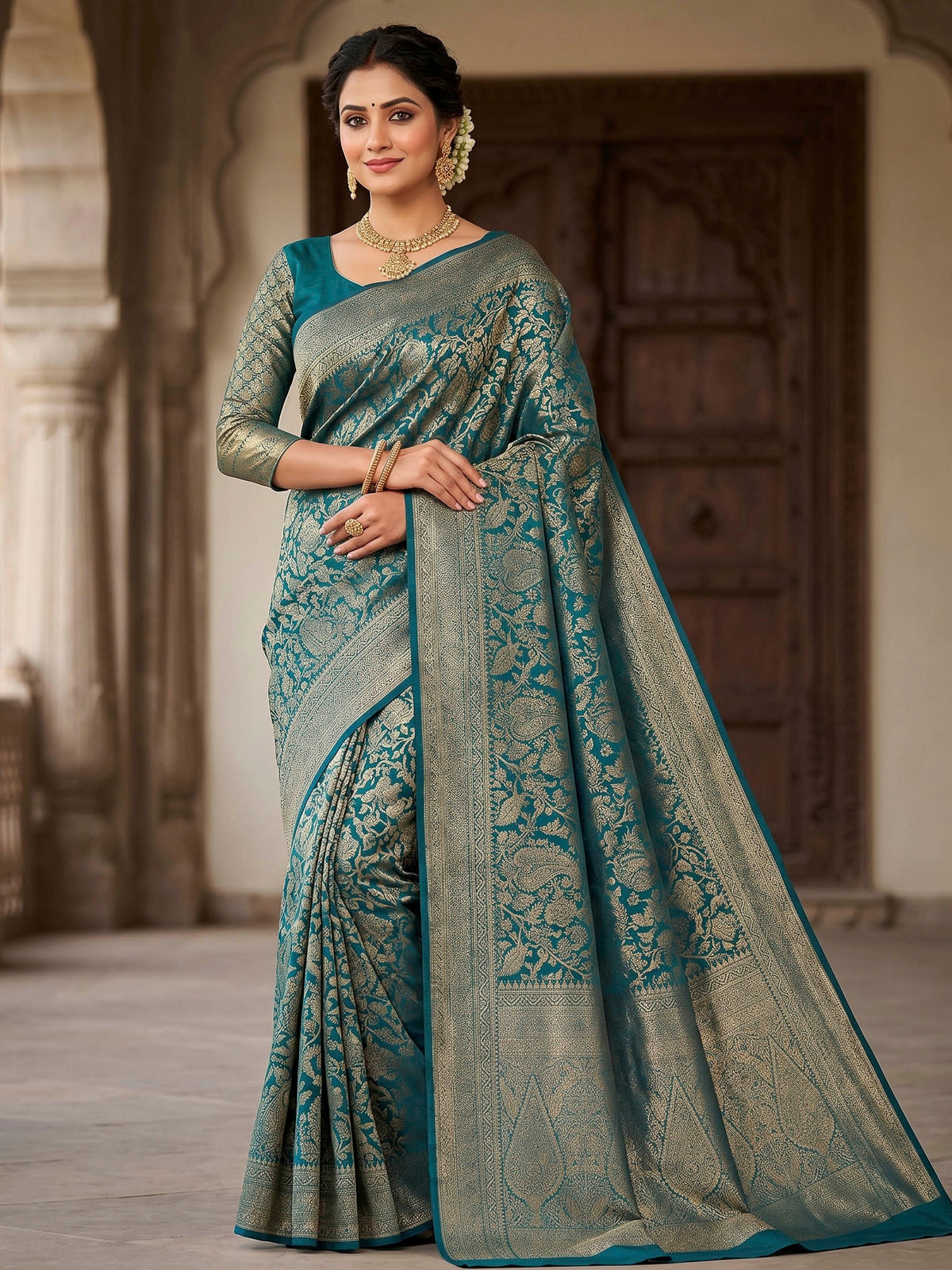 Dark Blue Woven Design Art Silk Kanjivaram Saree