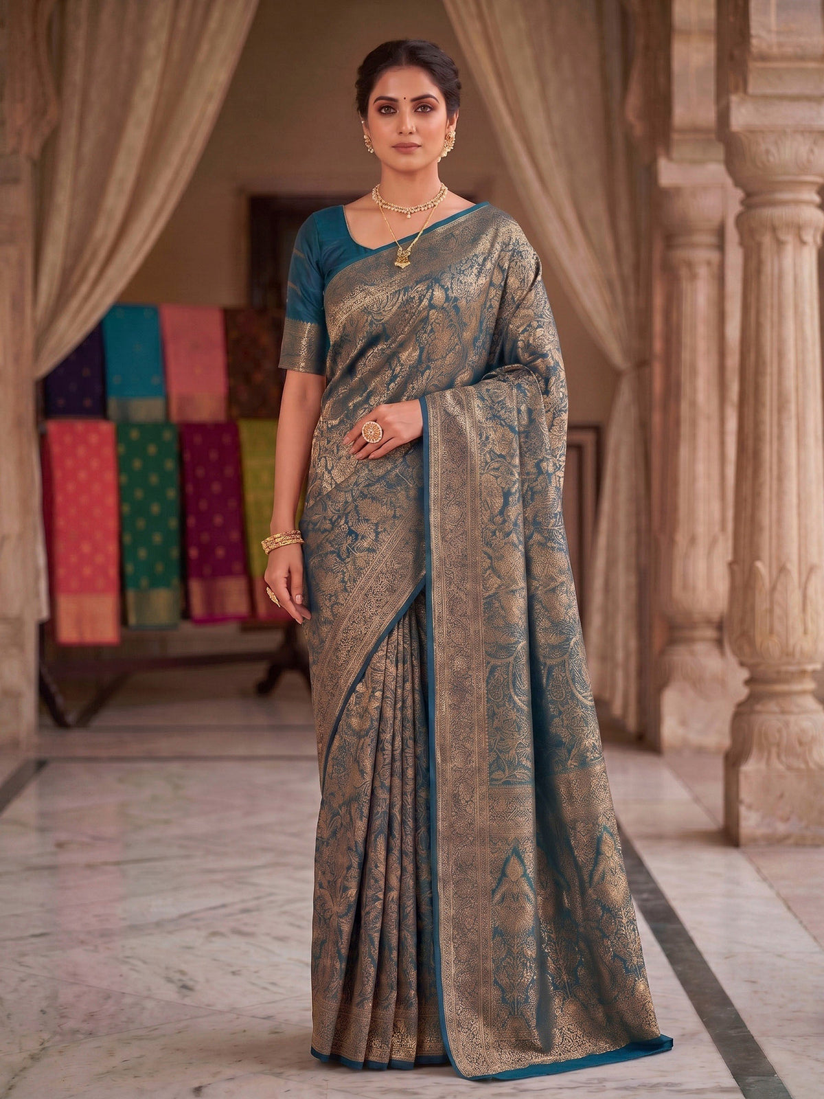 Dark Blue Woven Design Art Silk Kanjivaram Saree