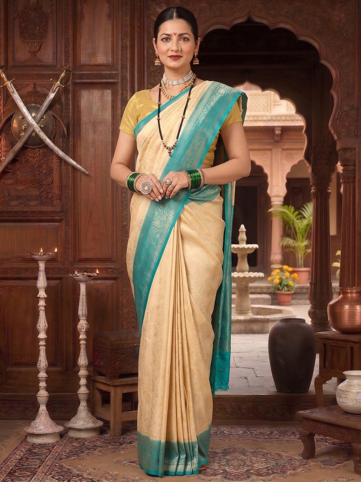 Off White Dark Blue Woven Design Kanjivaram Brocade Contrast Saree