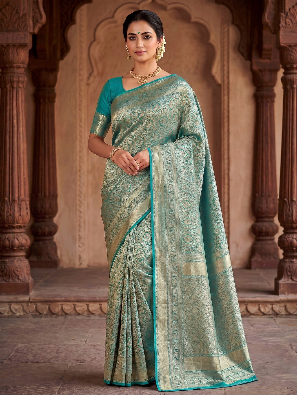 Lake Blue Woven Design Art Silk Kanjivaram Saree