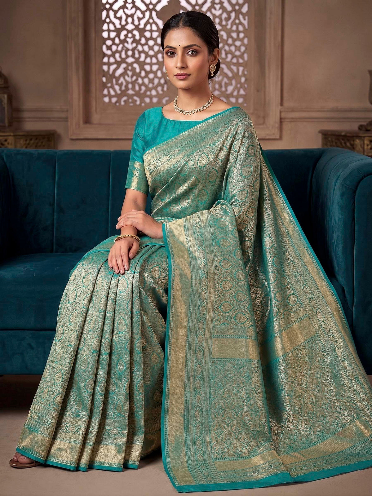 Lake Blue Woven Design Art Silk Kanjivaram Saree