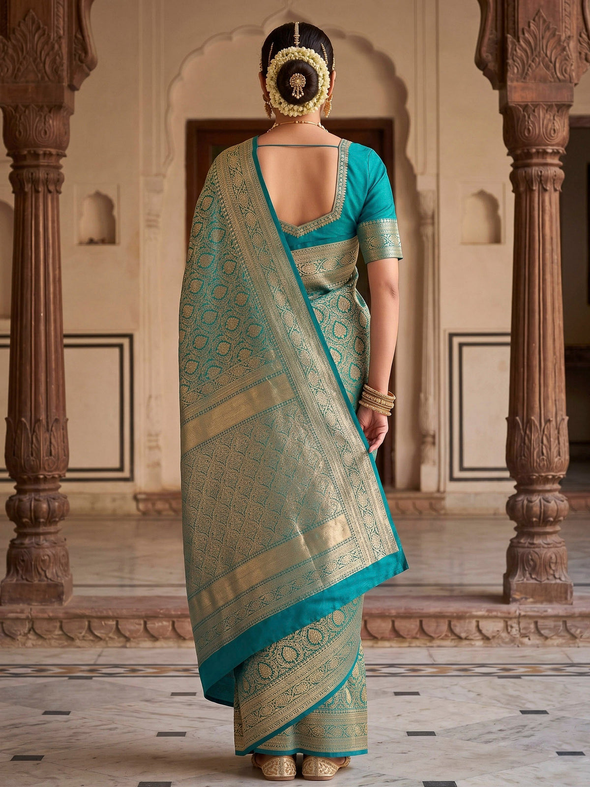 Lake Blue Woven Design Art Silk Kanjivaram Saree