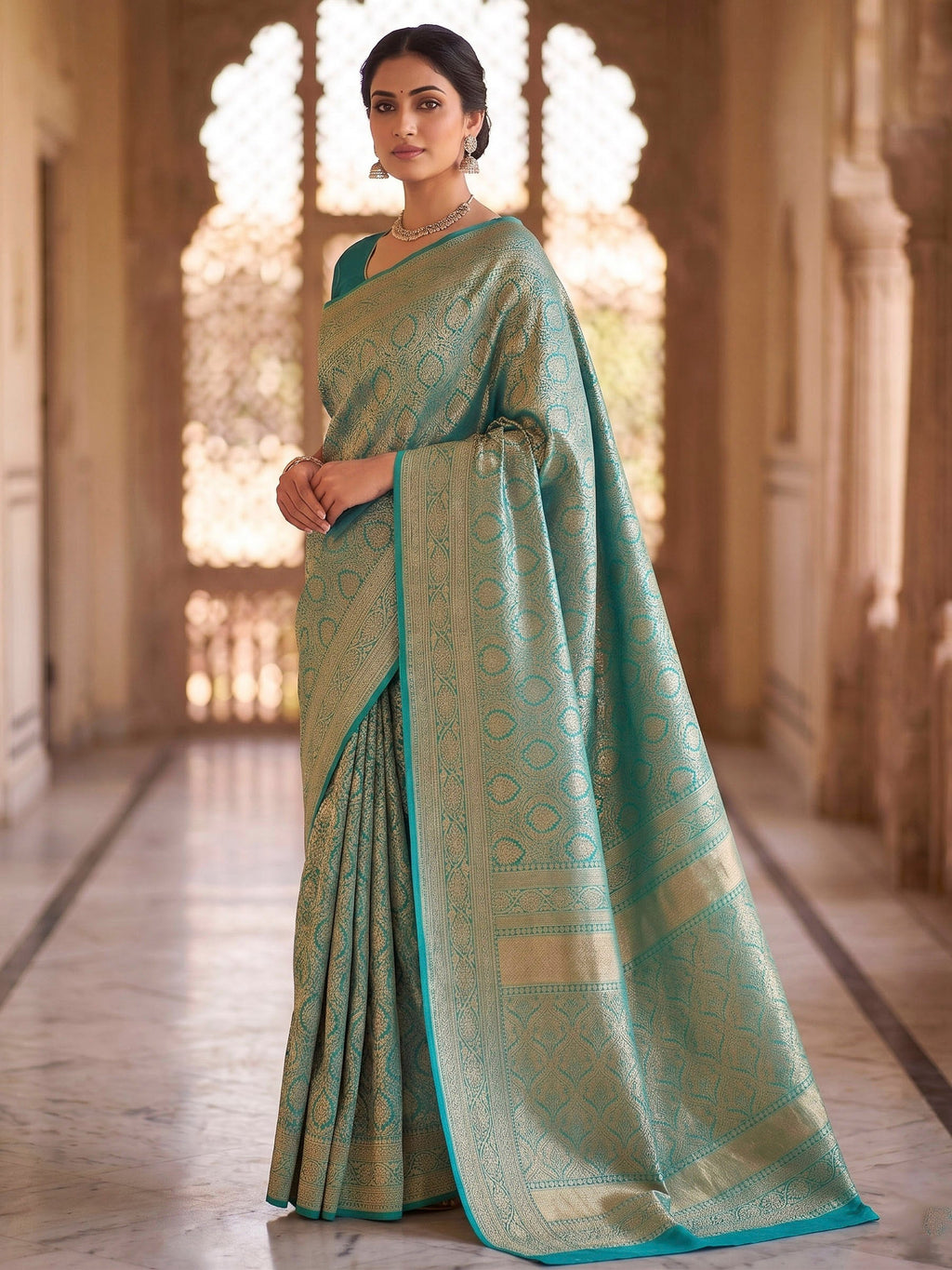 Lake Blue Woven Design Art Silk Kanjivaram Saree