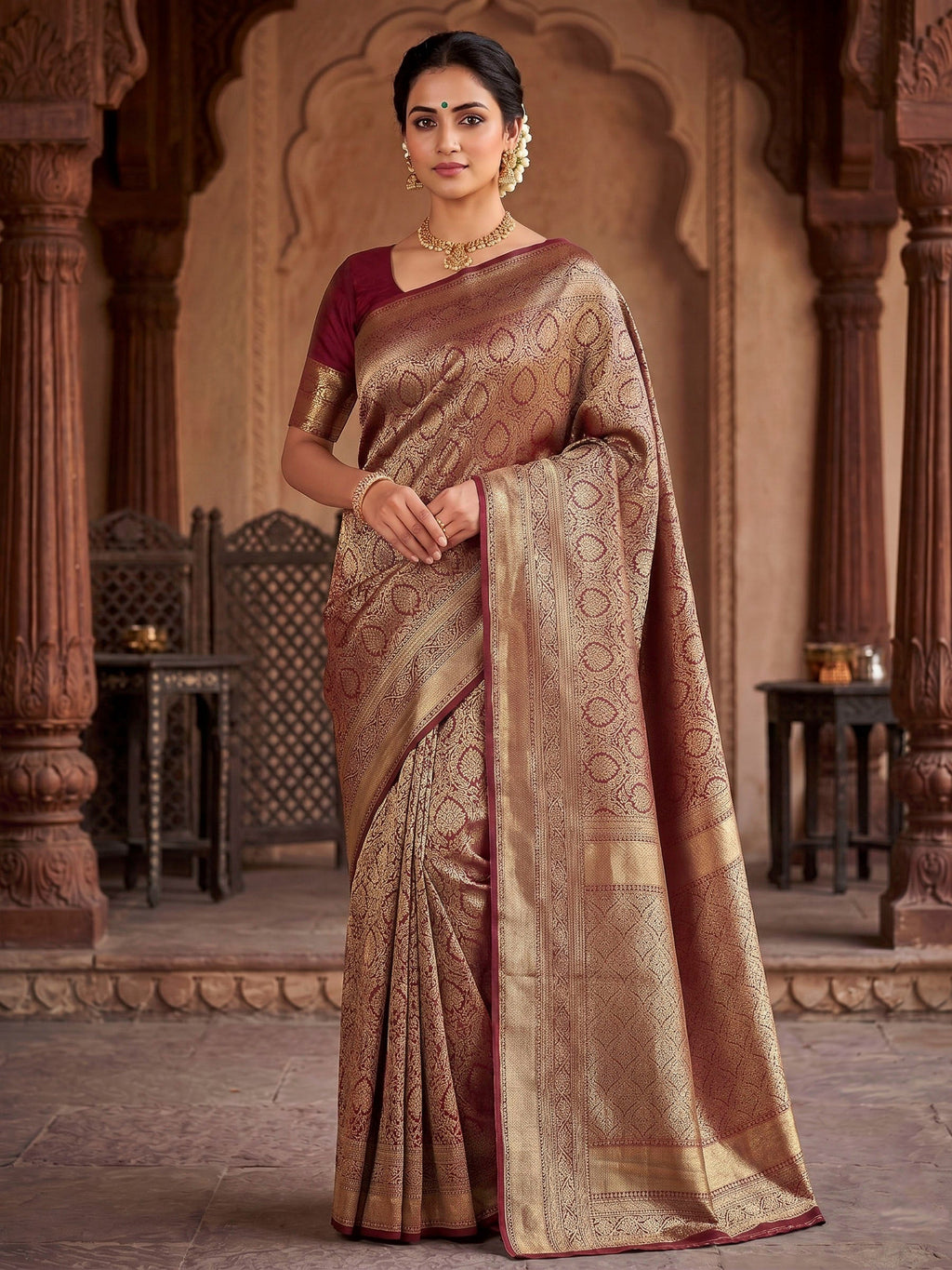 Maroon Woven Design Art Silk Kanjivaram Saree