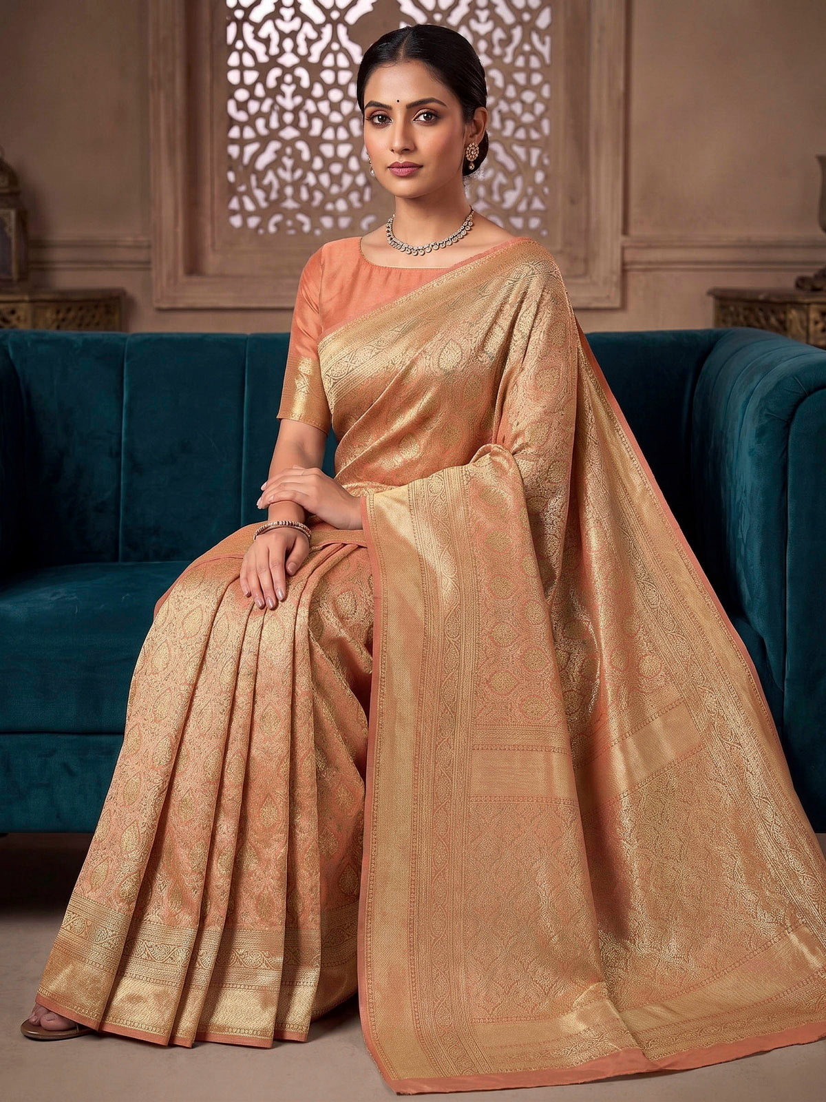 Peach Woven Design Art Silk Kanjivaram Saree