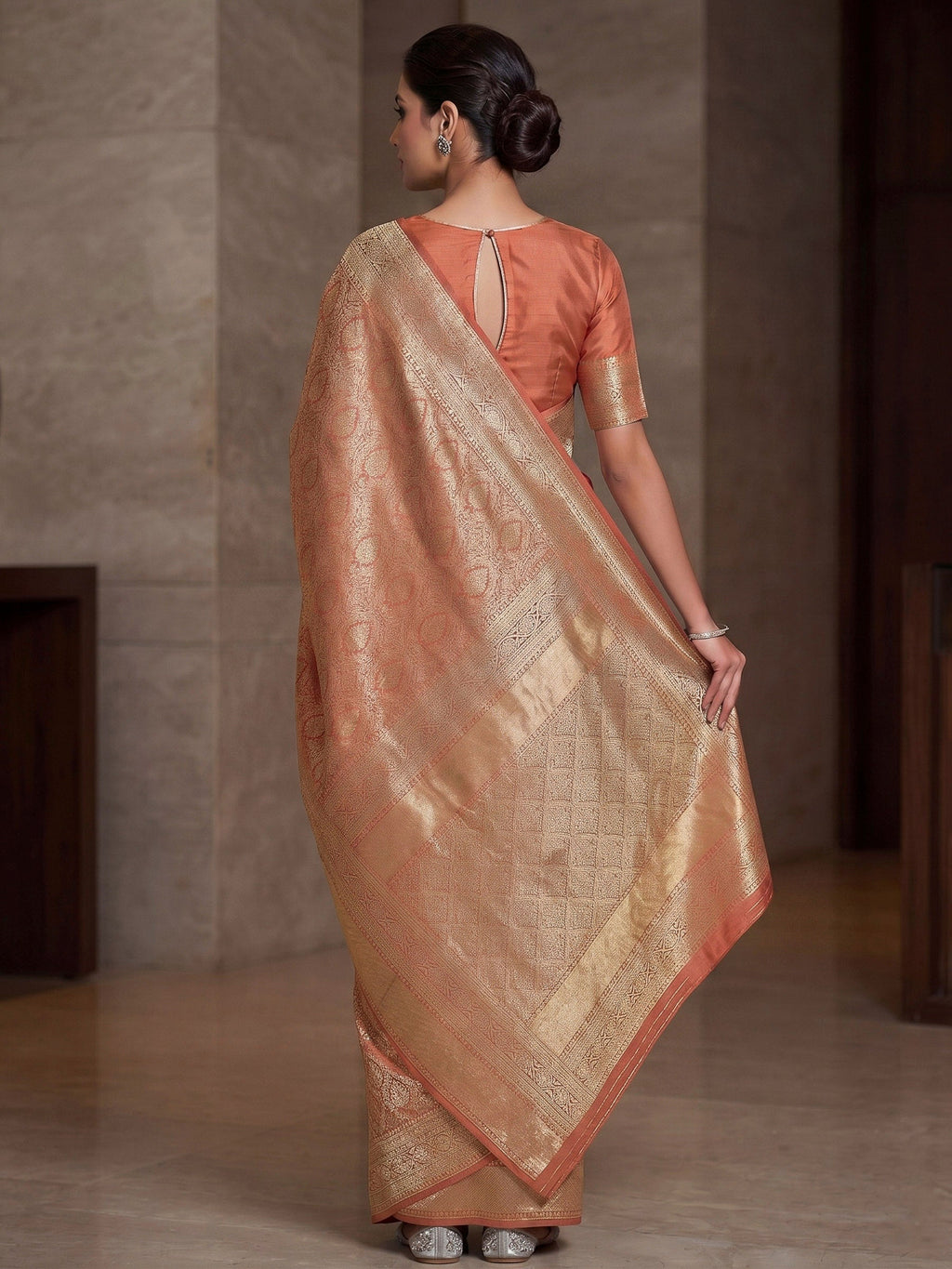 Peach Woven Design Art Silk Kanjivaram Saree
