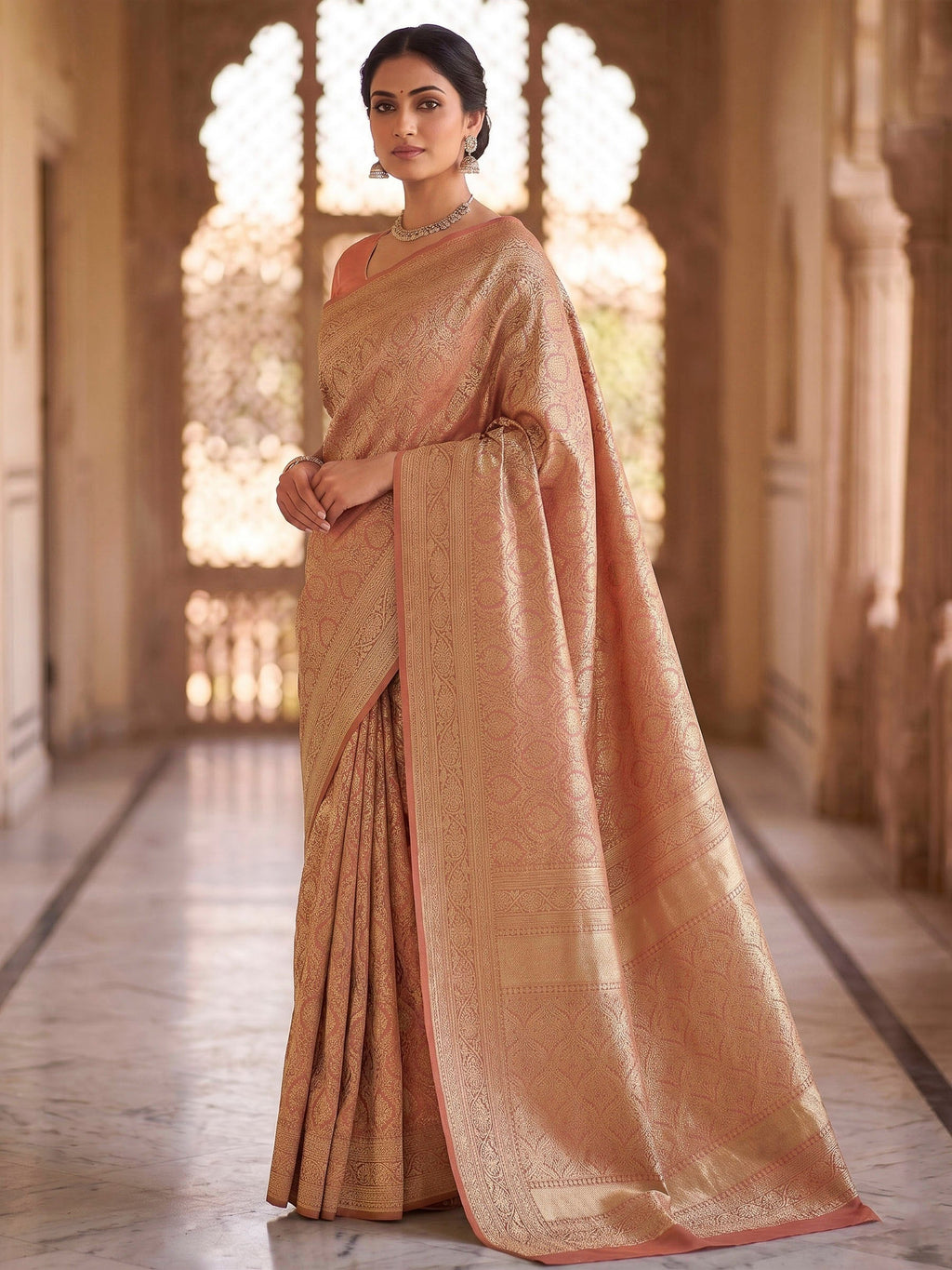 Peach Woven Design Art Silk Kanjivaram Saree