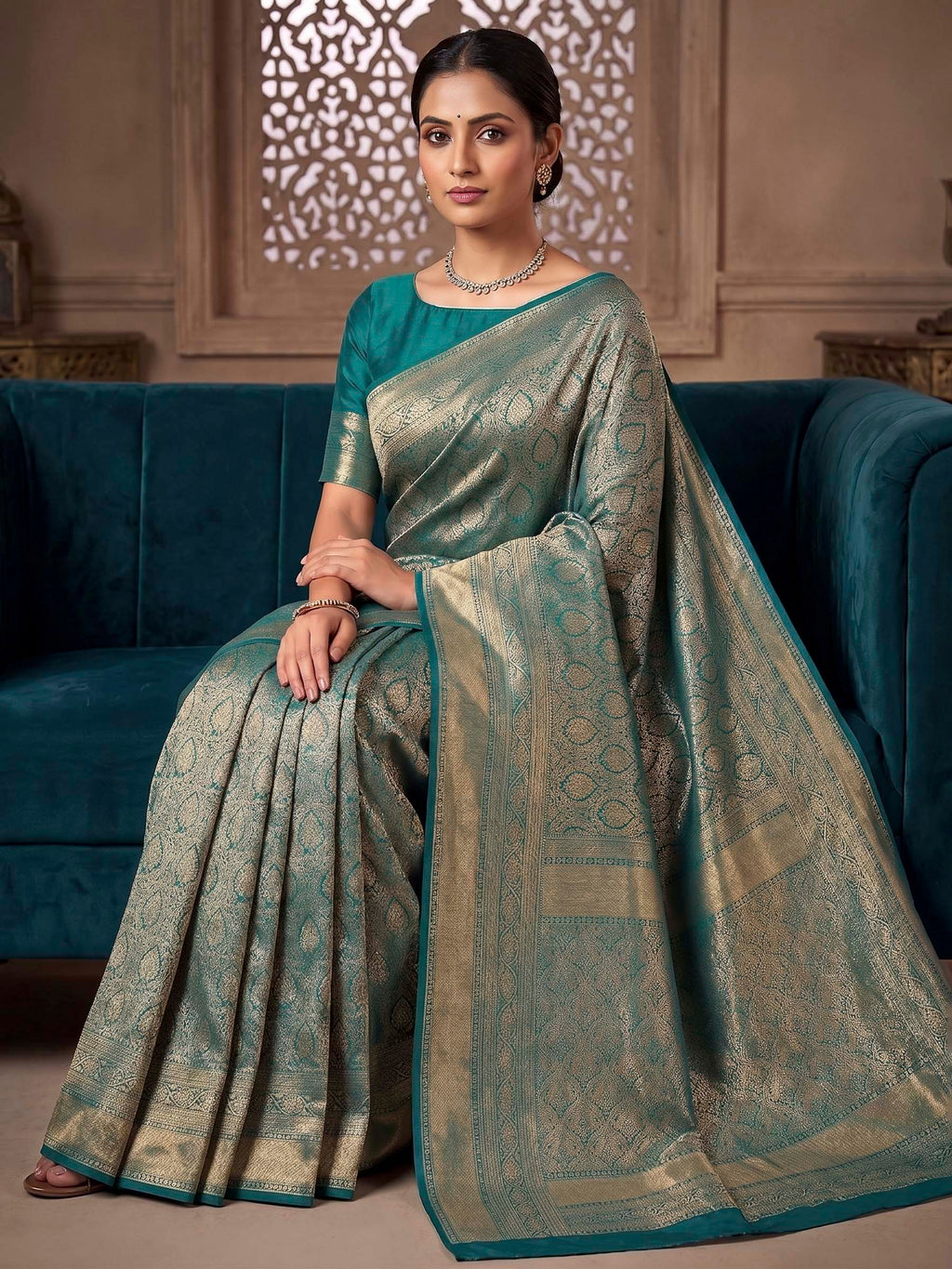 Peacock Blue Woven Design Art Silk Kanjivaram Saree