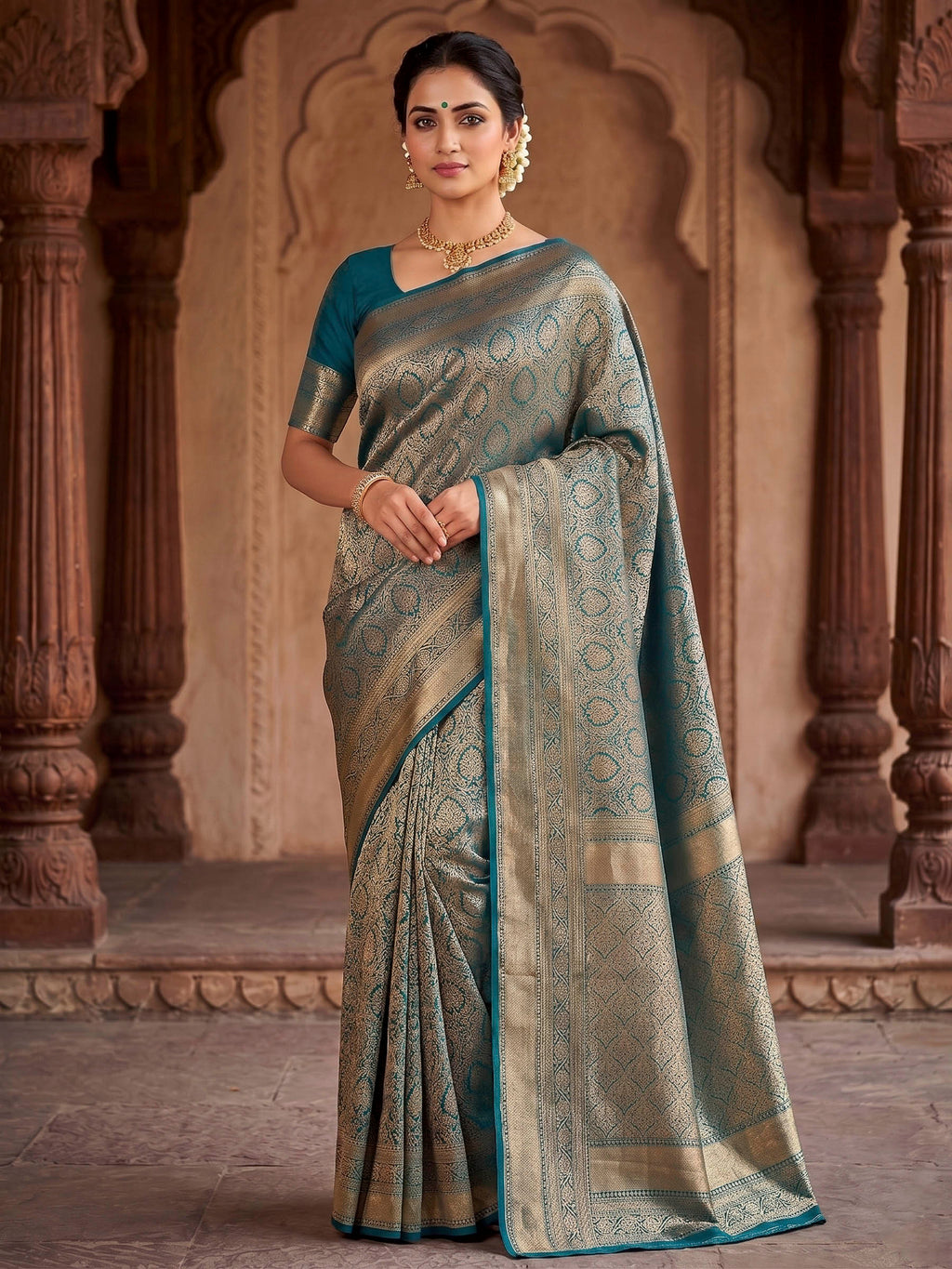 Peacock Blue Woven Design Art Silk Kanjivaram Saree