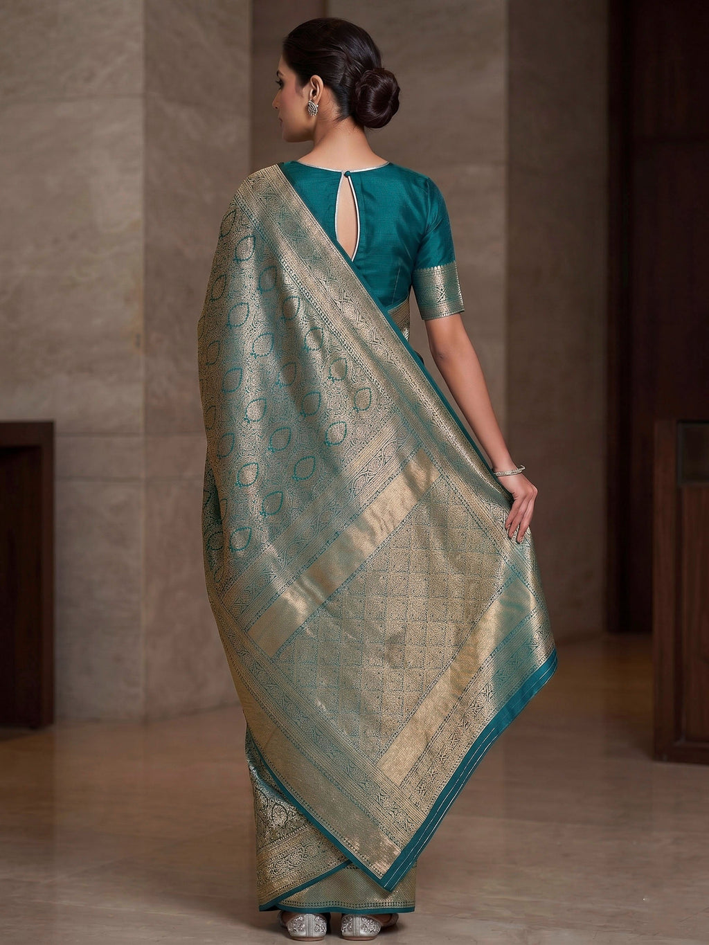 Peacock Blue Woven Design Art Silk Kanjivaram Saree