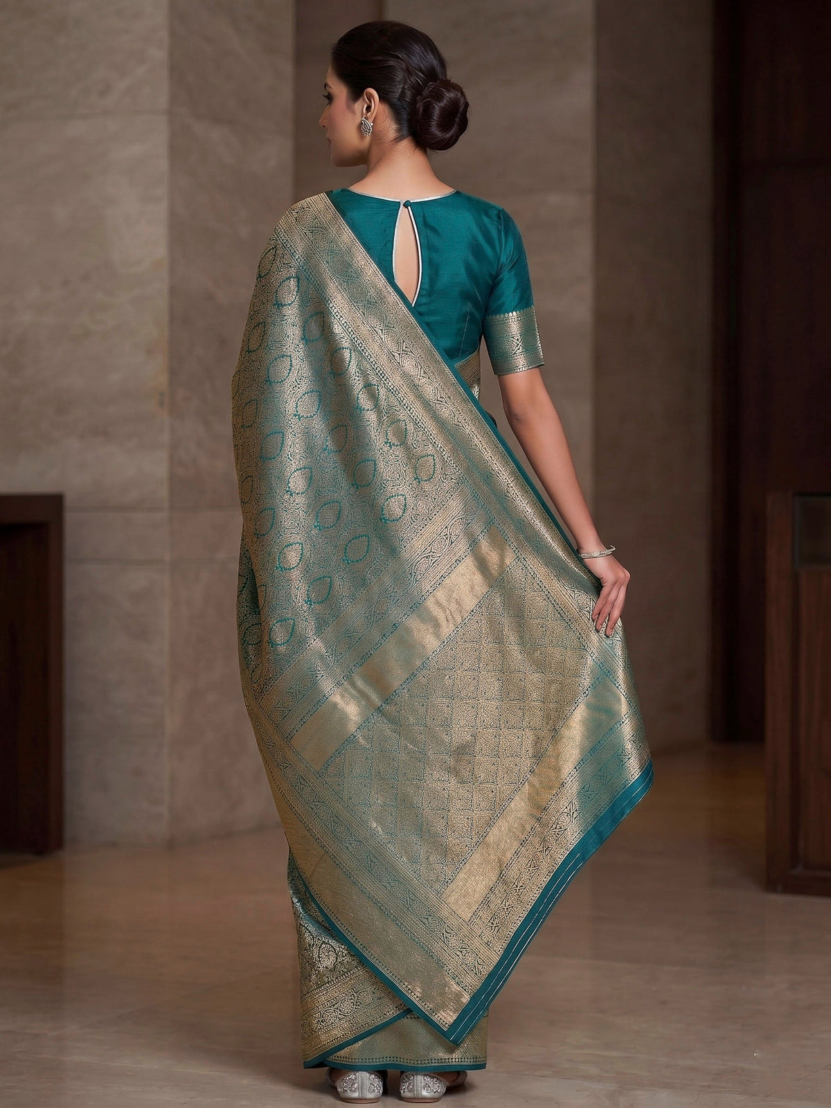 Peacock Blue Woven Design Art Silk Kanjivaram Saree