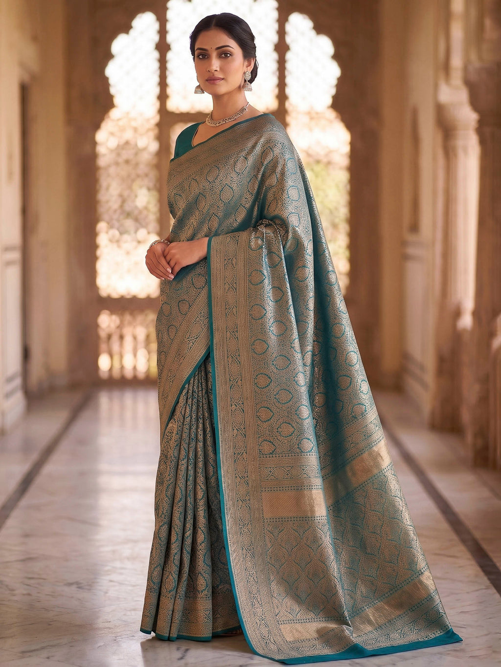 Peacock Blue Woven Design Art Silk Kanjivaram Saree