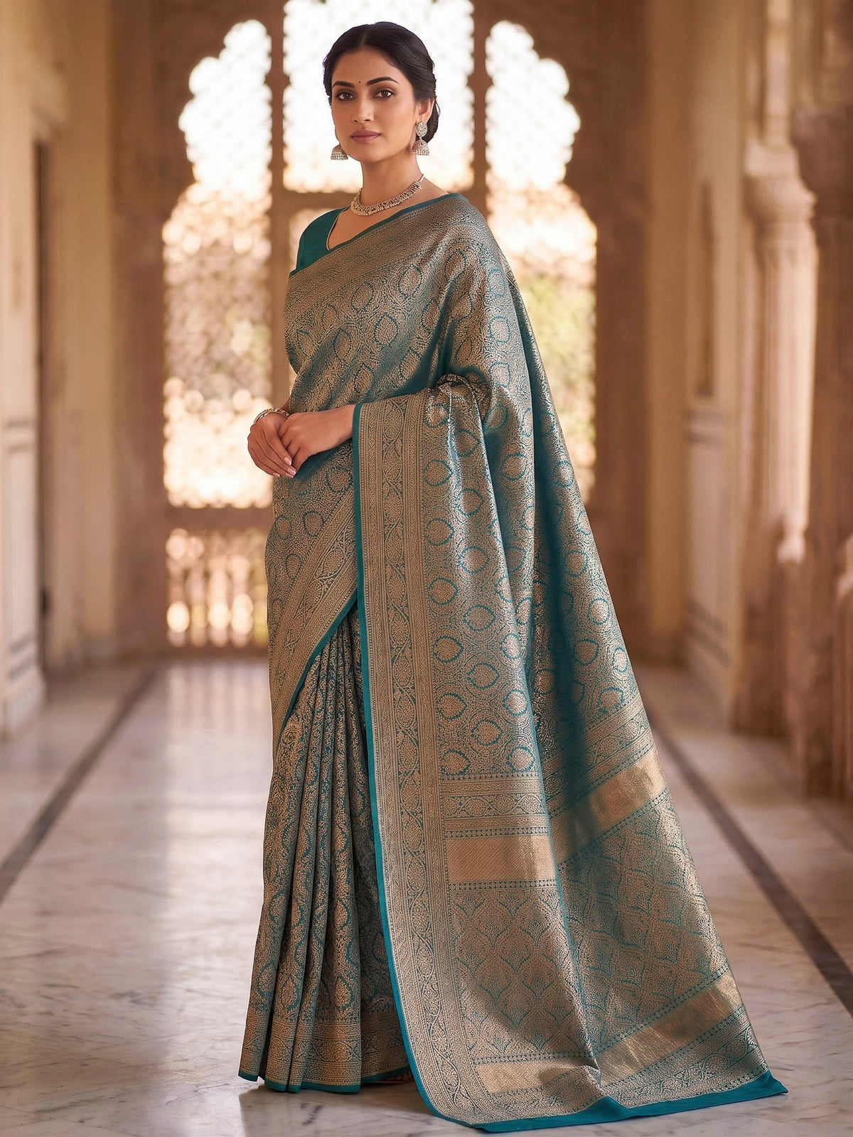 Peacock Blue Woven Design Art Silk Kanjivaram Saree