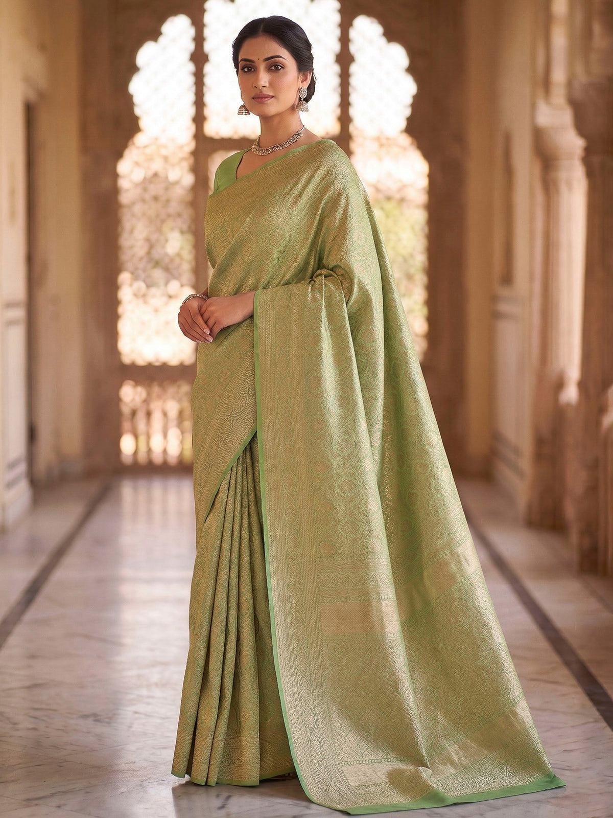Pista Green Woven Design Art Silk Kanjivaram Saree