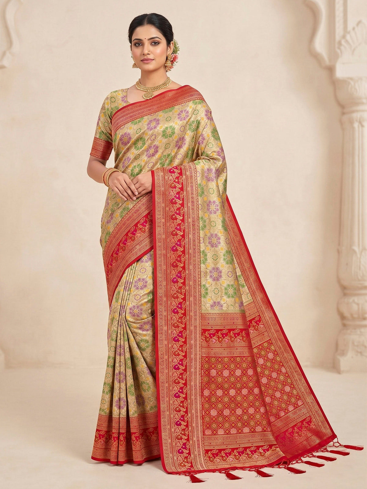 Beige Woven Design Art Silk Kanjivaram Saree
