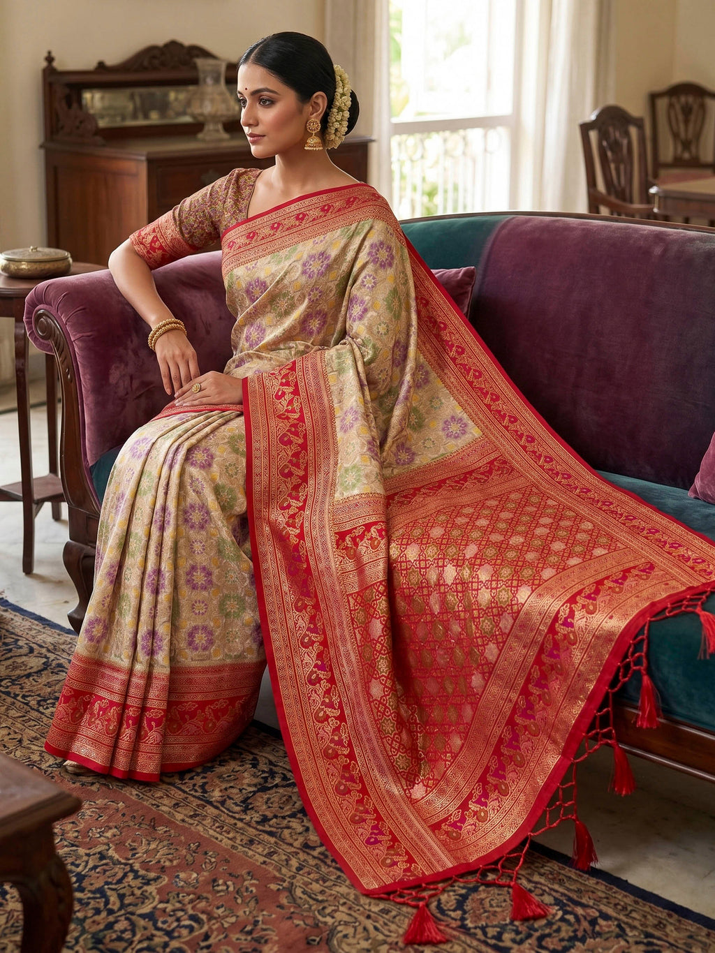 Beige Woven Design Art Silk Kanjivaram Saree
