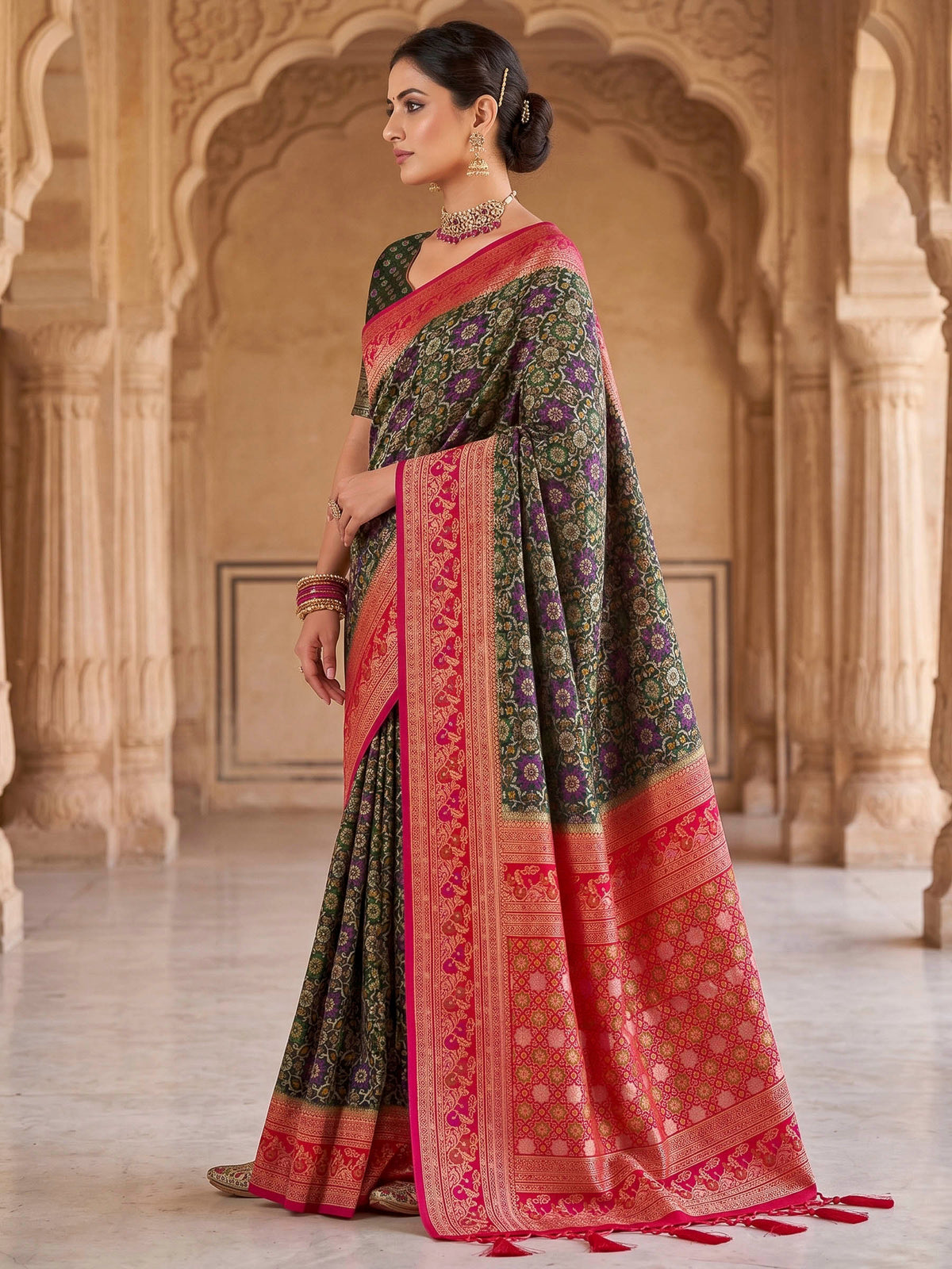 Bottle Green Woven Design Art Silk Kanjivaram Saree