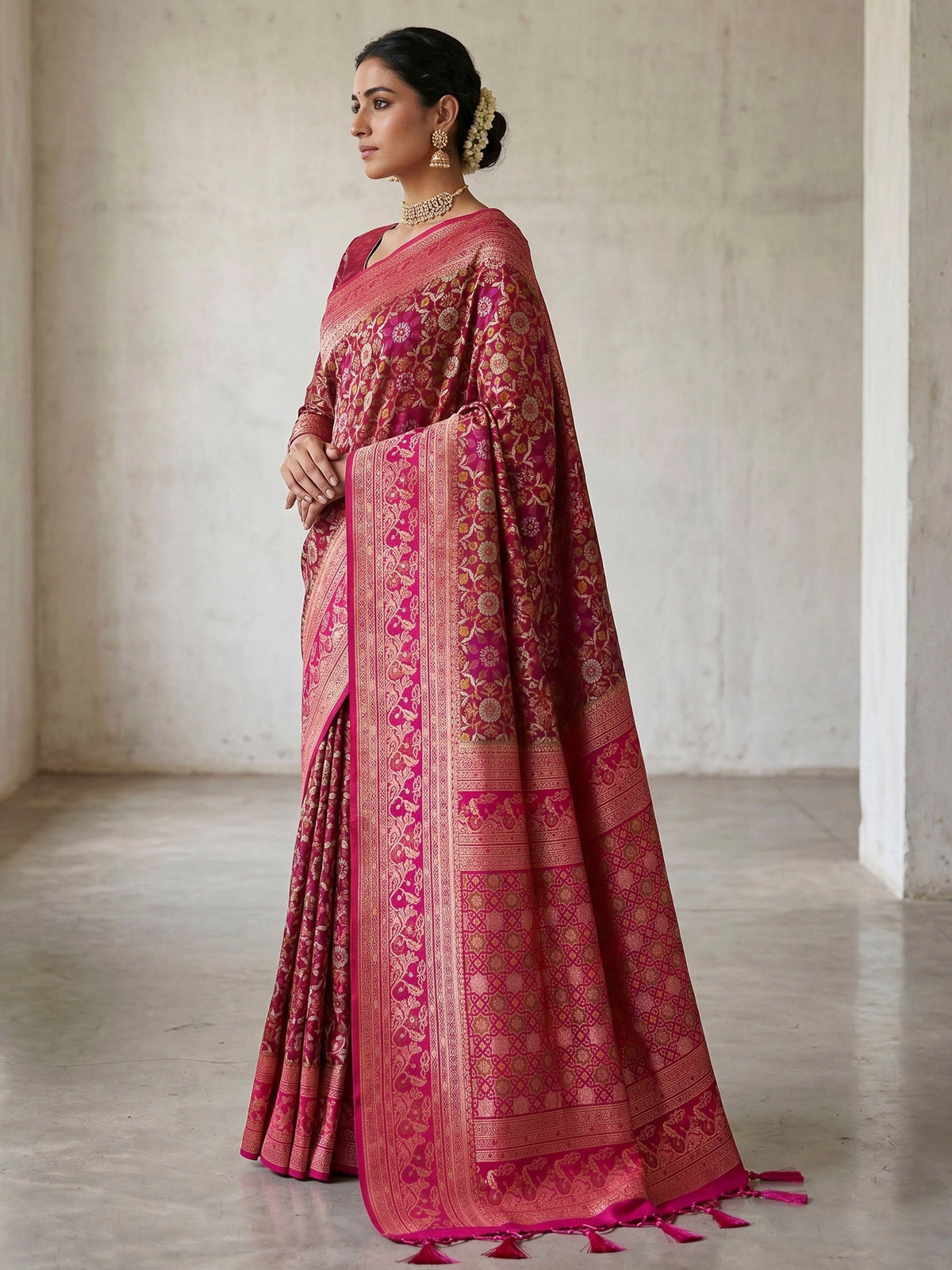 Hot Pink Woven Design Art Silk Kanjivaram Saree