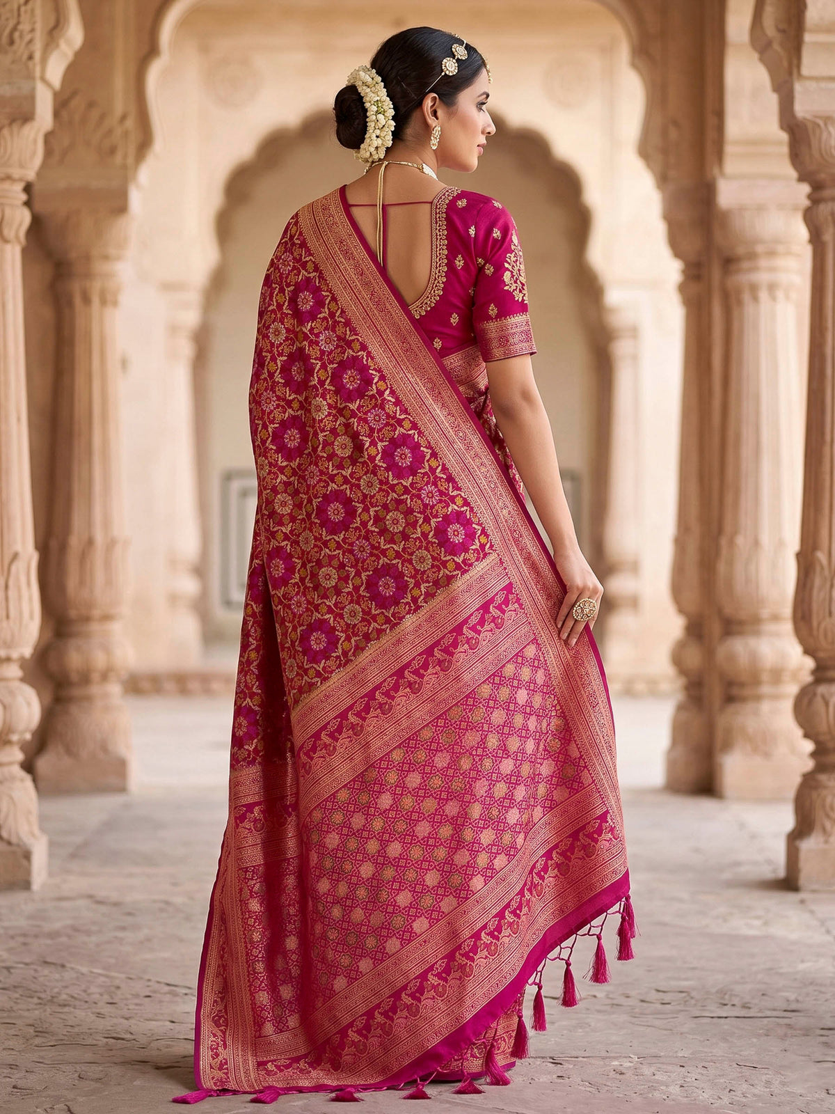 Hot Pink Woven Design Art Silk Kanjivaram Saree
