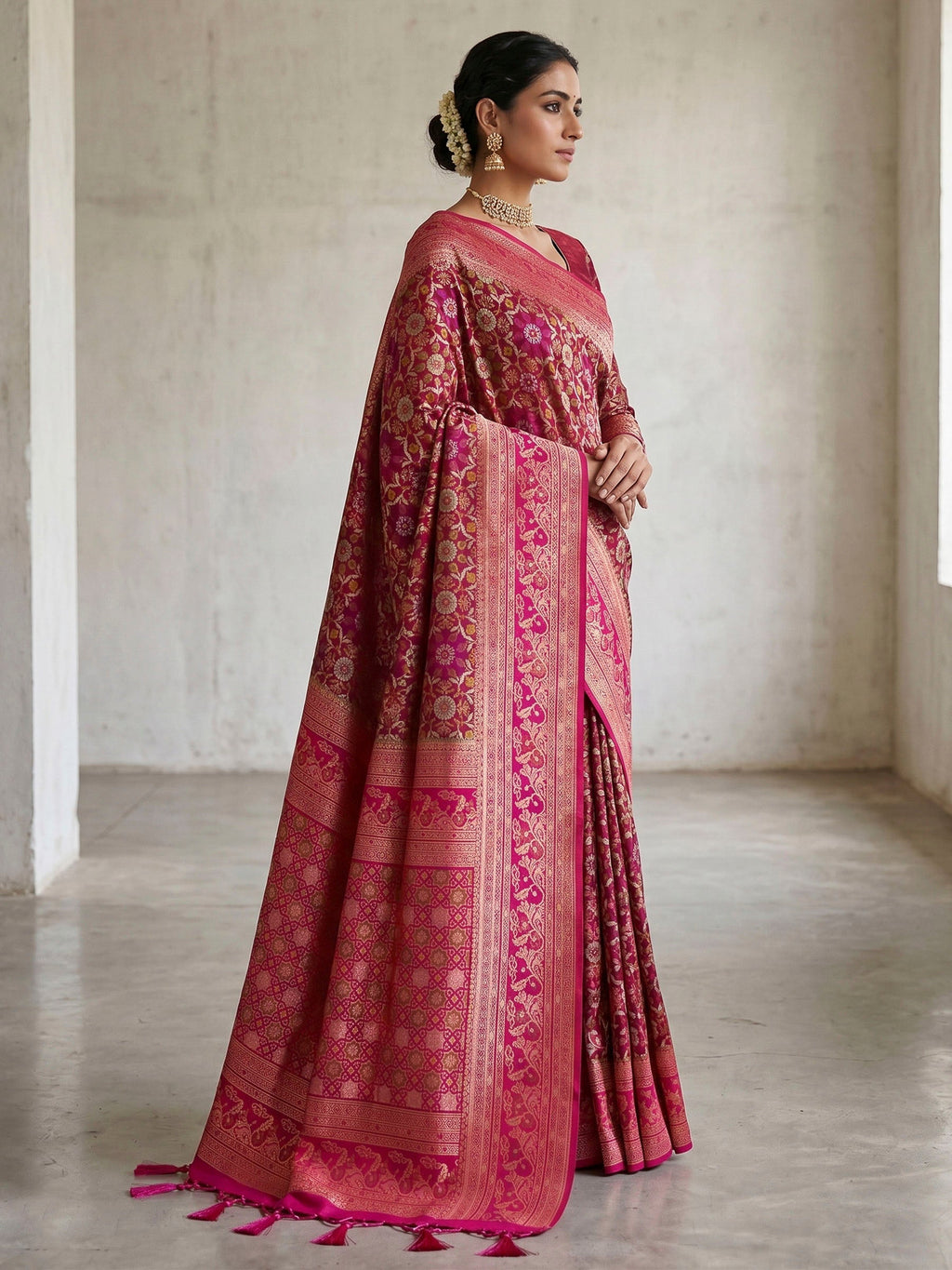 Hot Pink Woven Design Art Silk Kanjivaram Saree