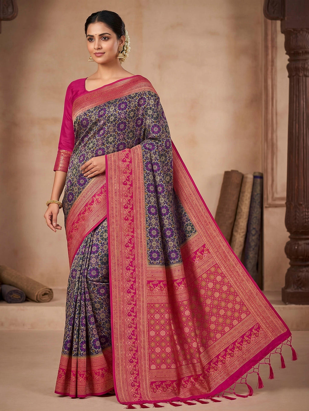 Navy Blue Woven Design Art Silk Kanjivaram Saree
