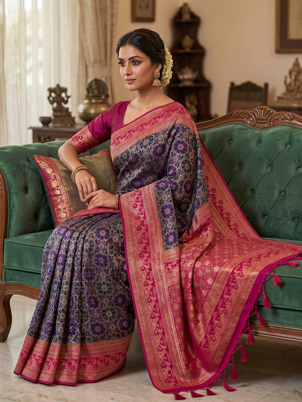 Navy Blue Woven Design Art Silk Kanjivaram Saree