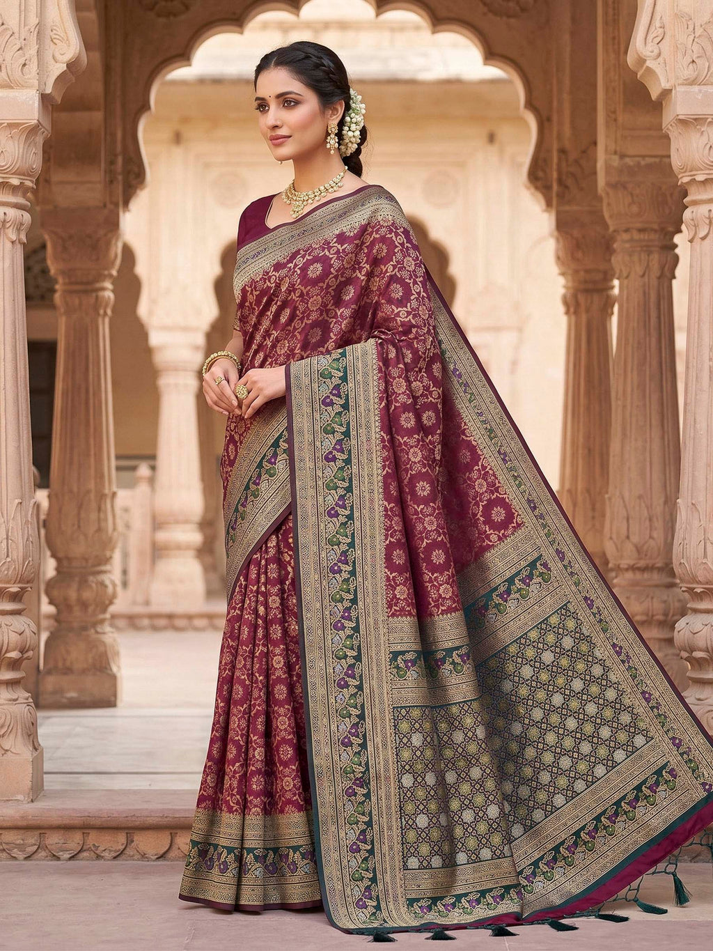 Wine Woven Design Art Silk Kanjivaram Saree
