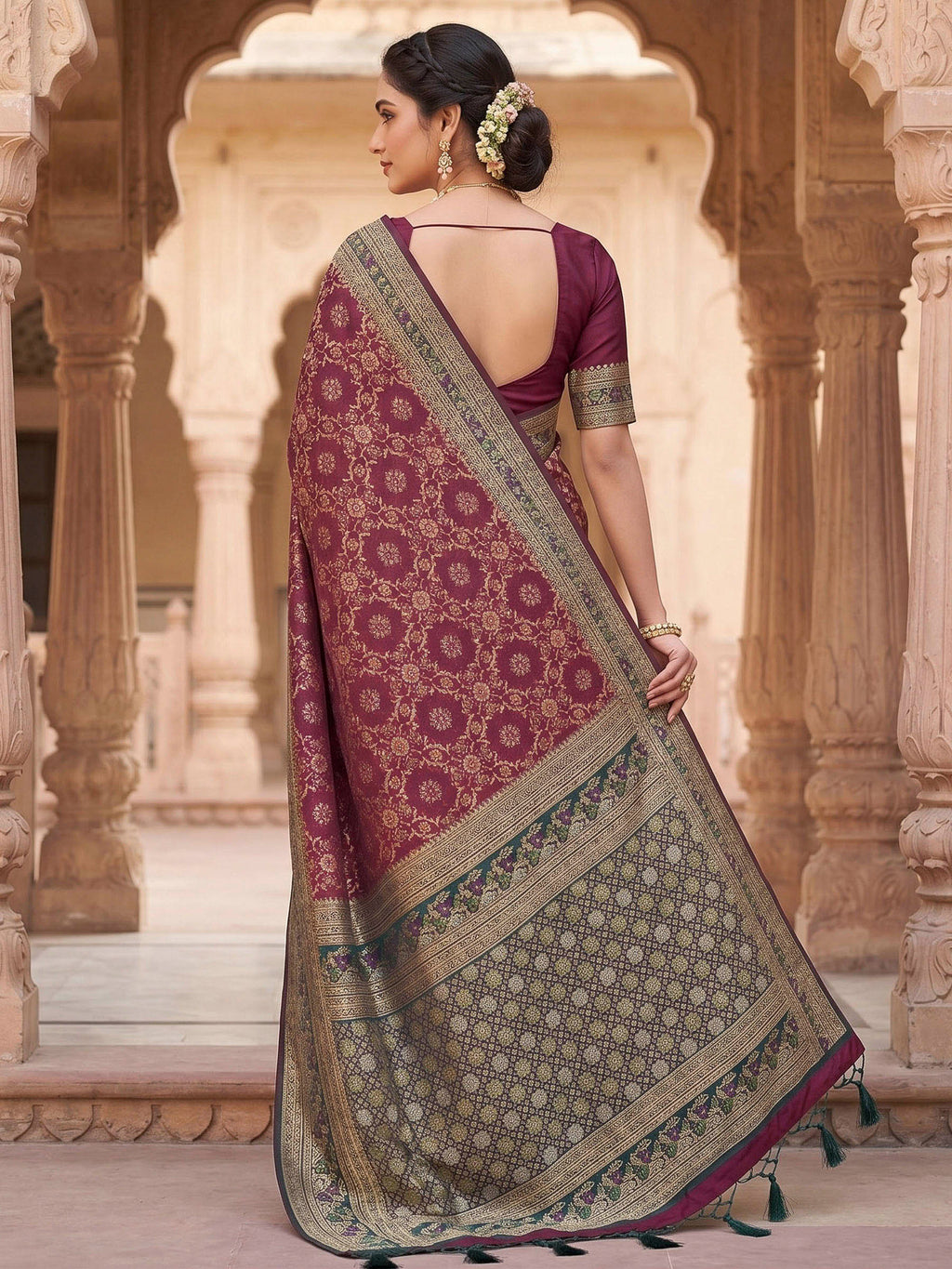Wine Woven Design Art Silk Kanjivaram Saree