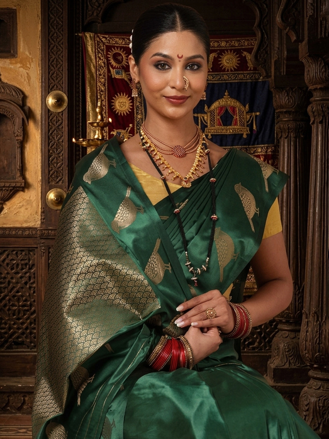 Dark Green Woven Design Crape Saree
