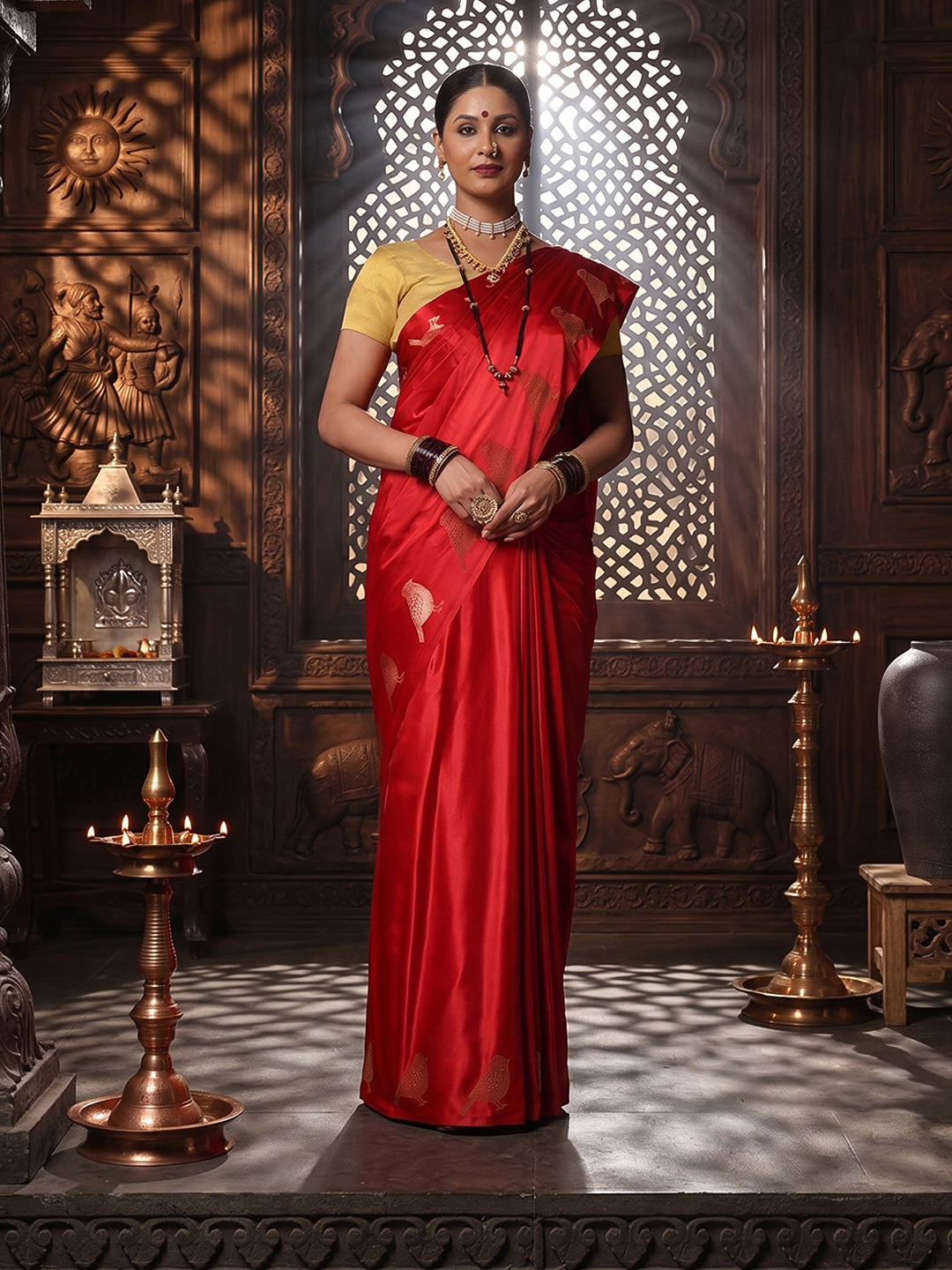 Red Woven Design Crape Saree