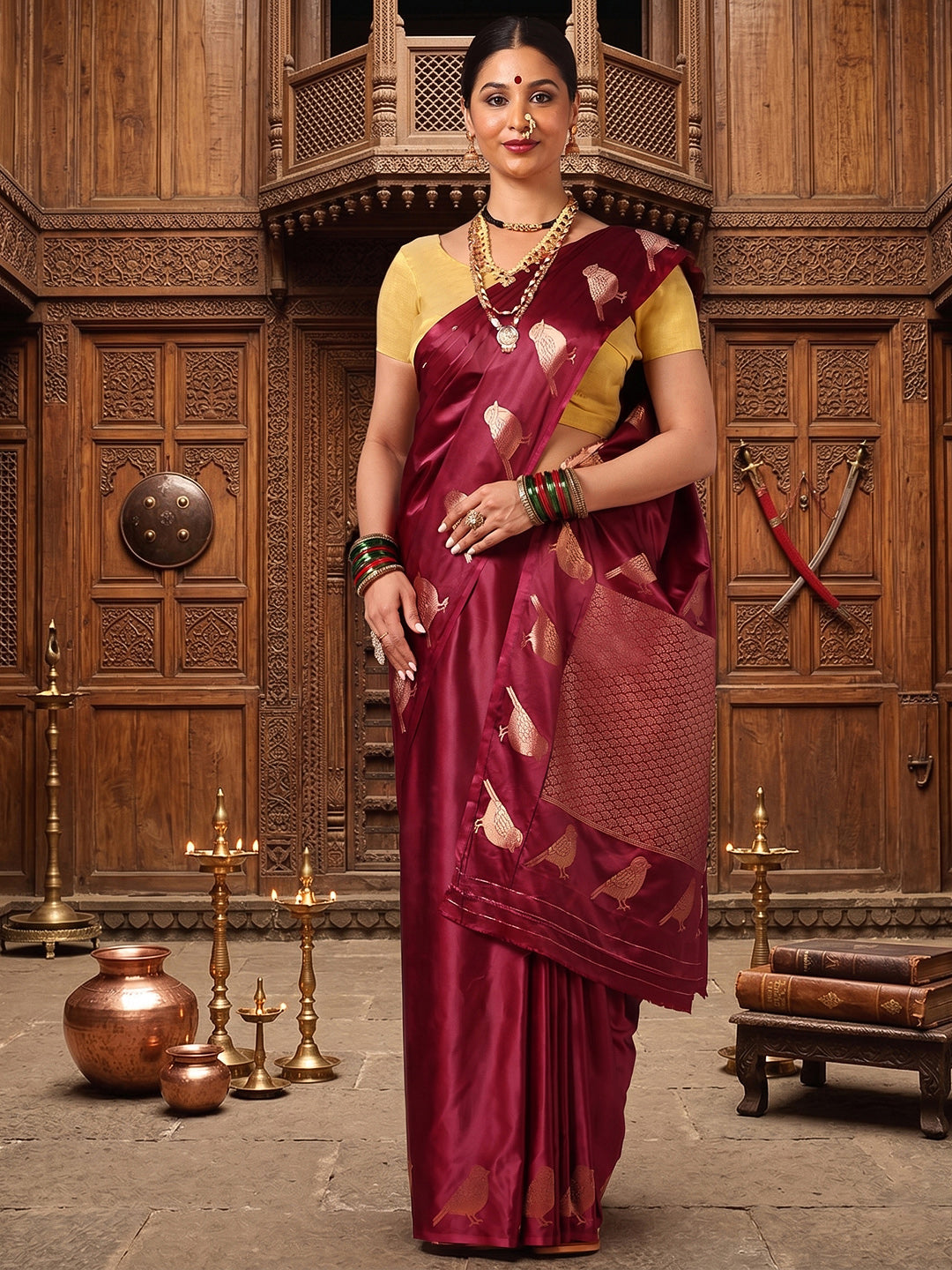 Wine Woven Design Crape Saree