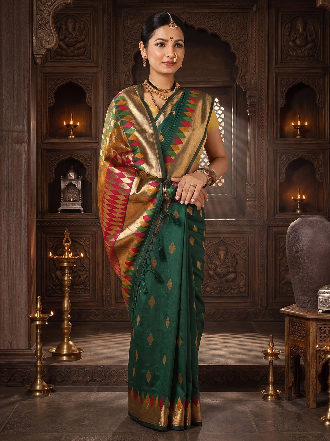 Dark Green Woven Design Dola Silk Saree