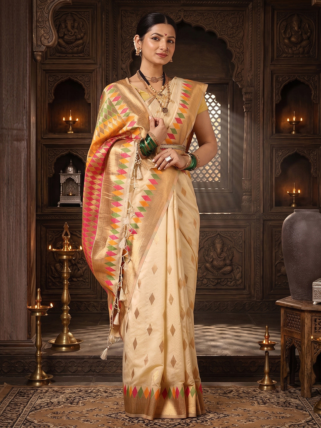 Off White Woven Design Dola Silk Saree