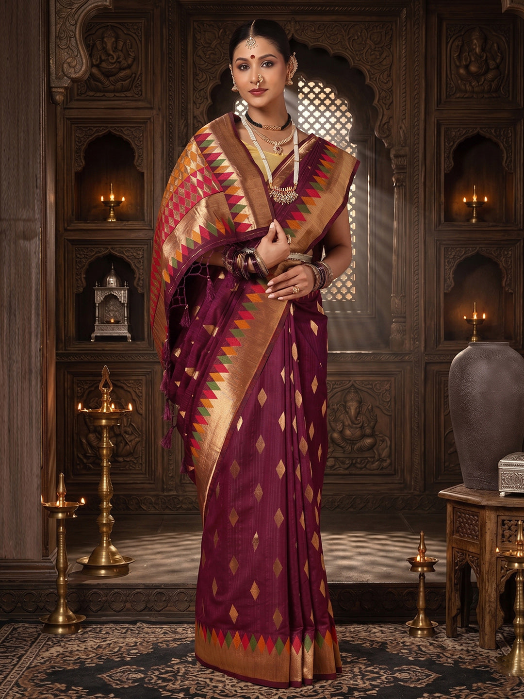 Wine Woven Design Dola Silk Saree
