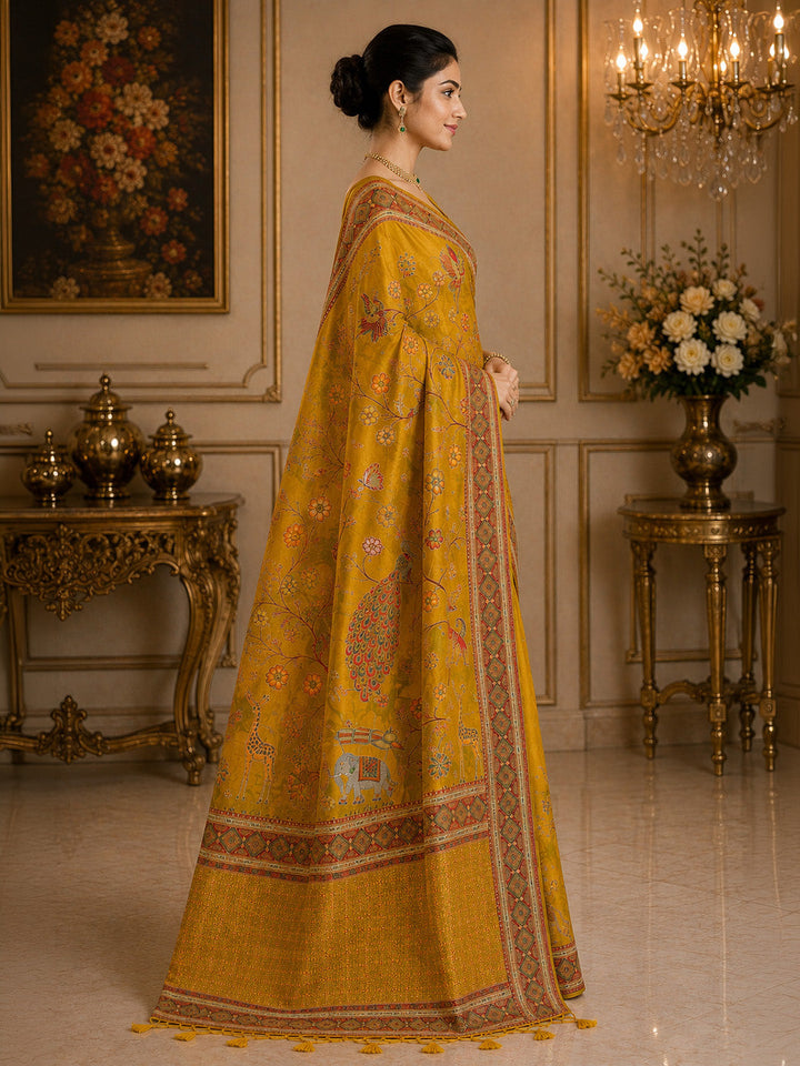 Mustard Printed Art Silk Saree