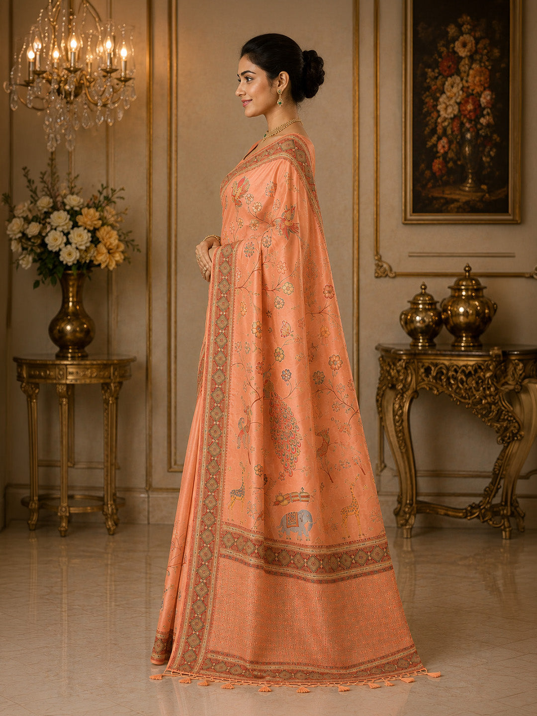 Peach Printed Art Silk Saree