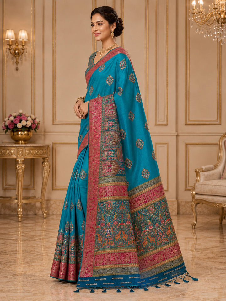 Blue Embroidered Art Silk Saree