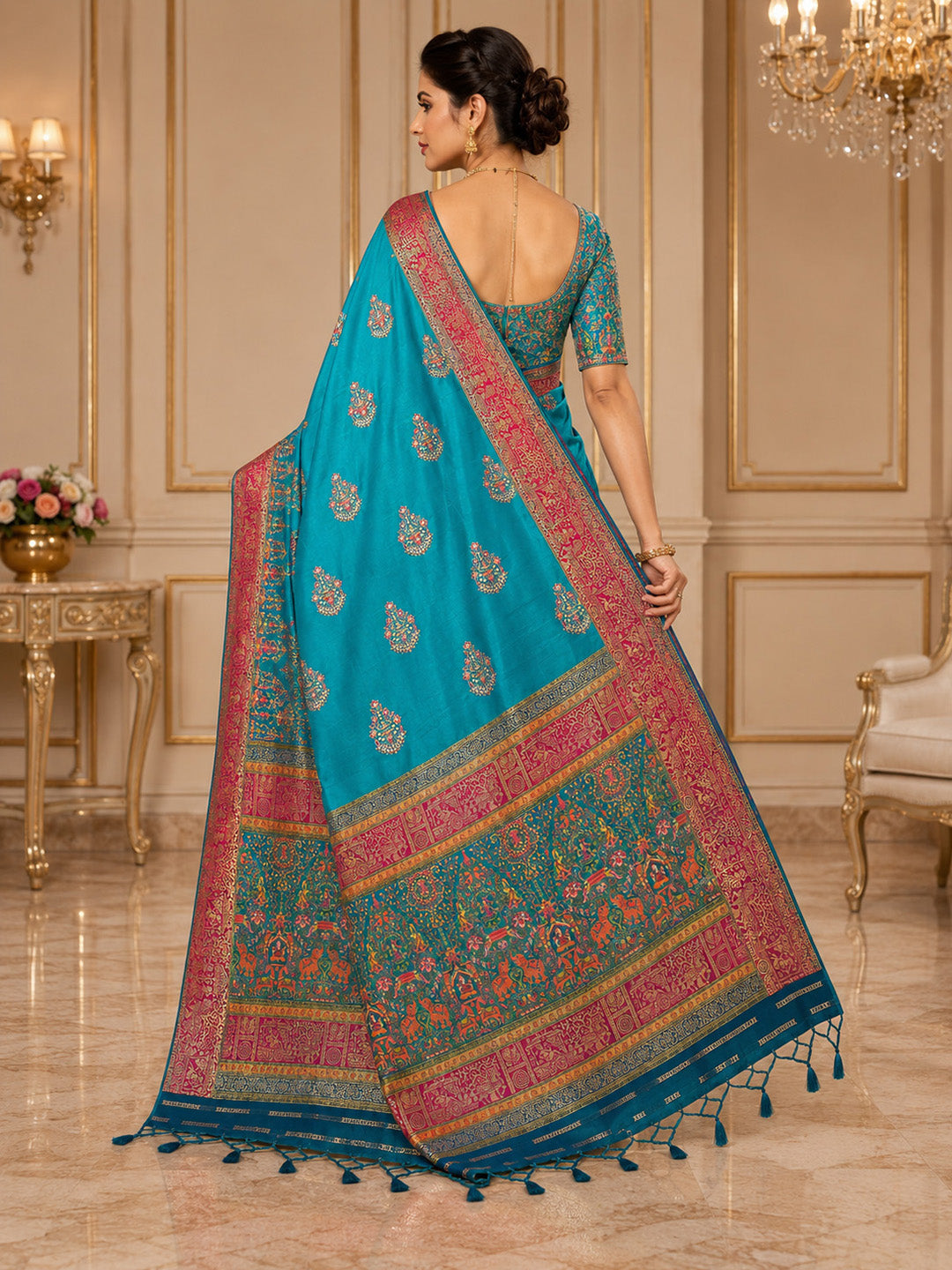 Blue Embroidered Art Silk Saree