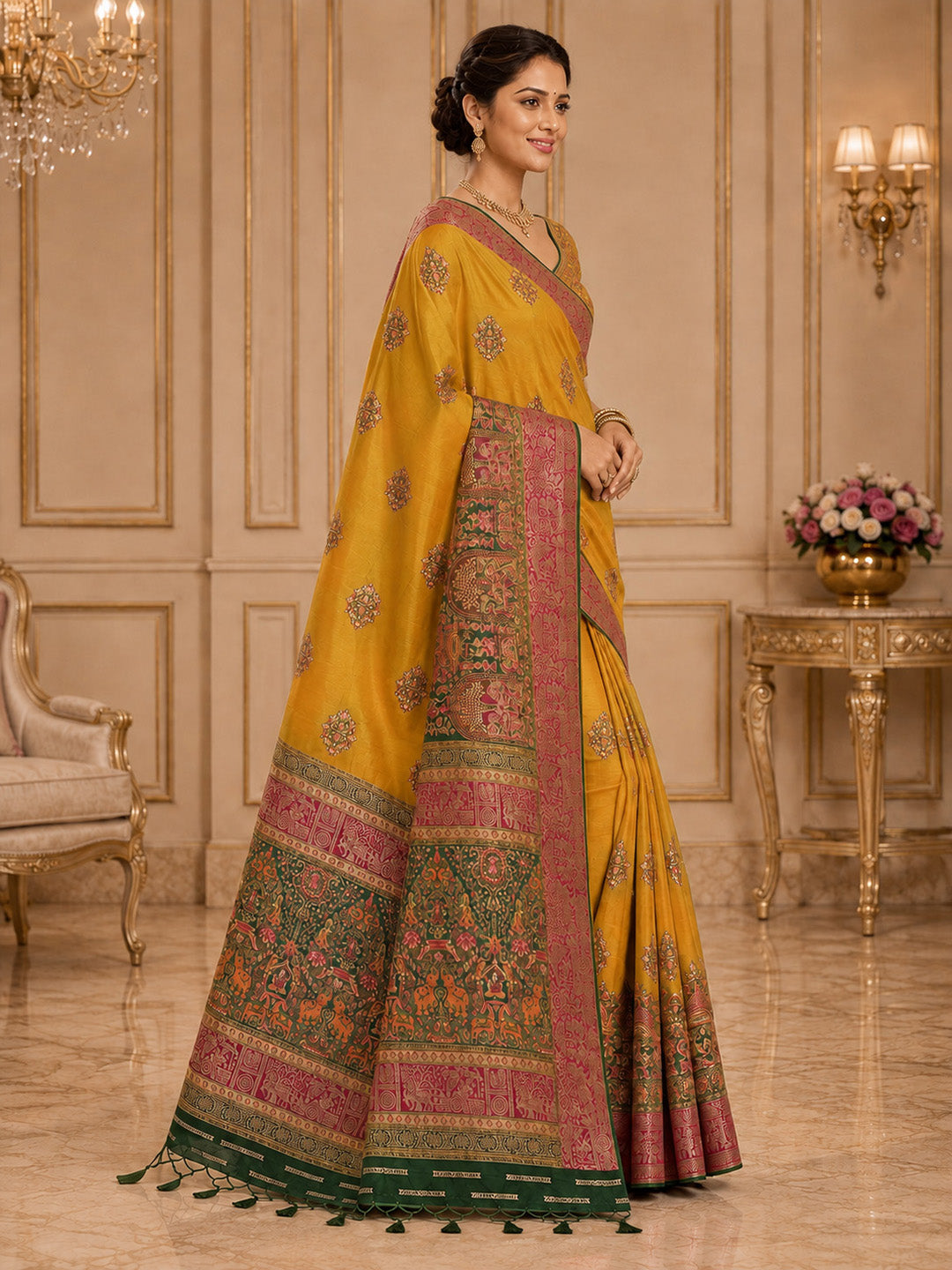 Mustard Embroidered Art Silk Saree