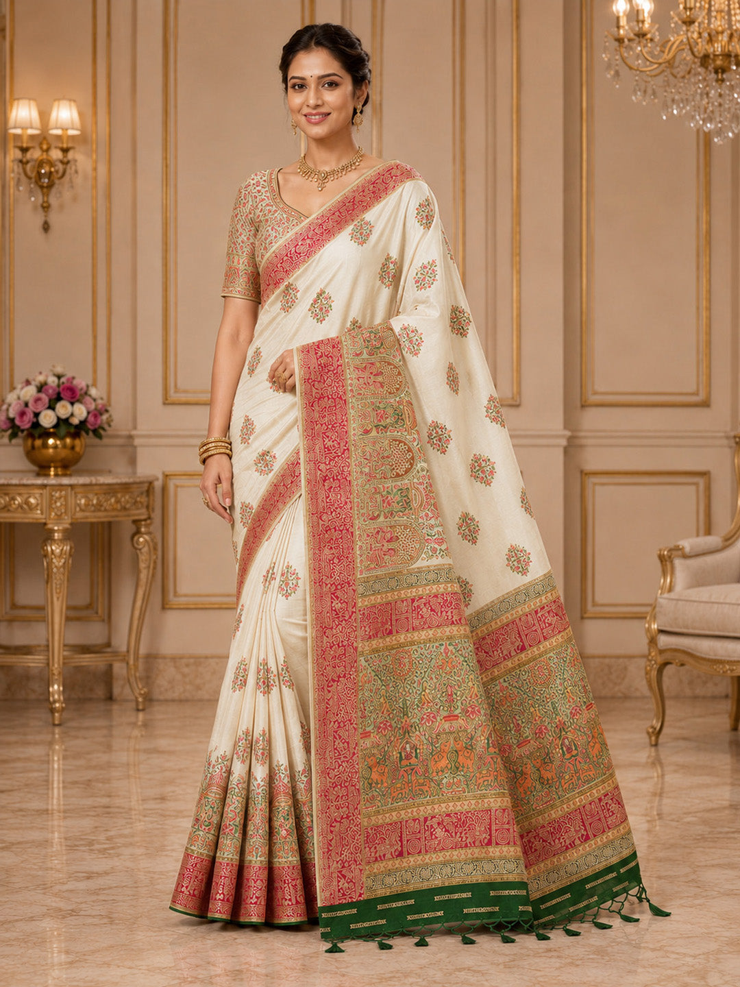 Off White Embroidered Art Silk Saree
