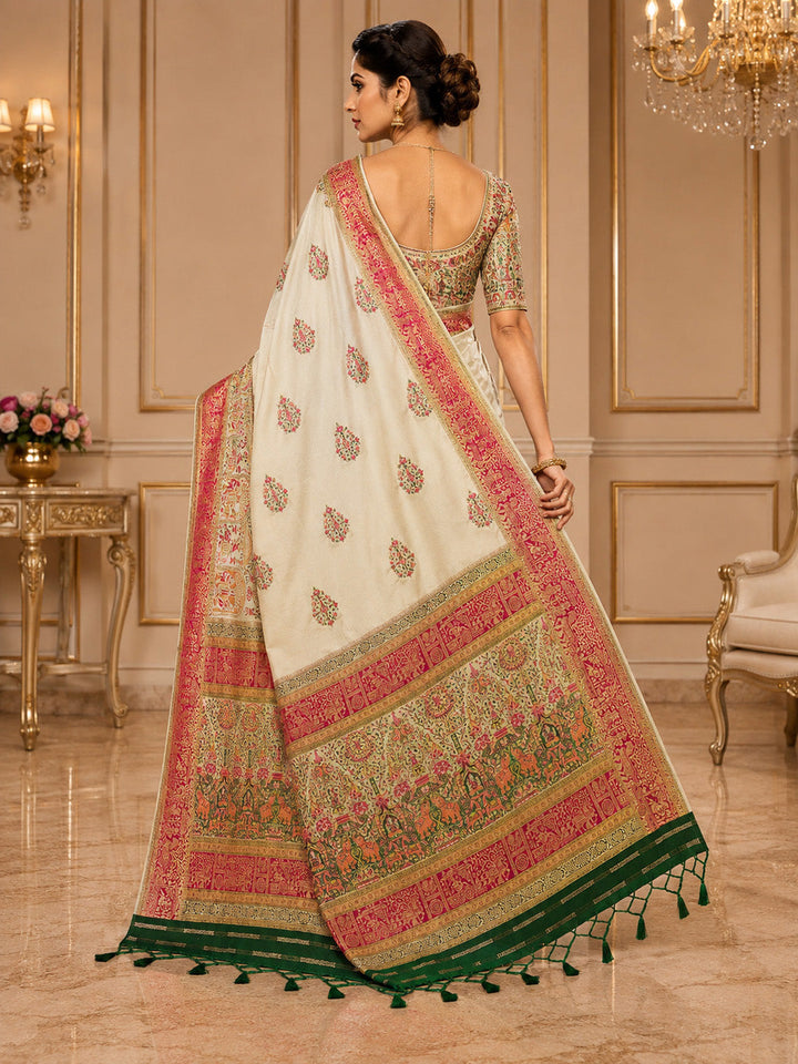 Off White Embroidered Art Silk Saree