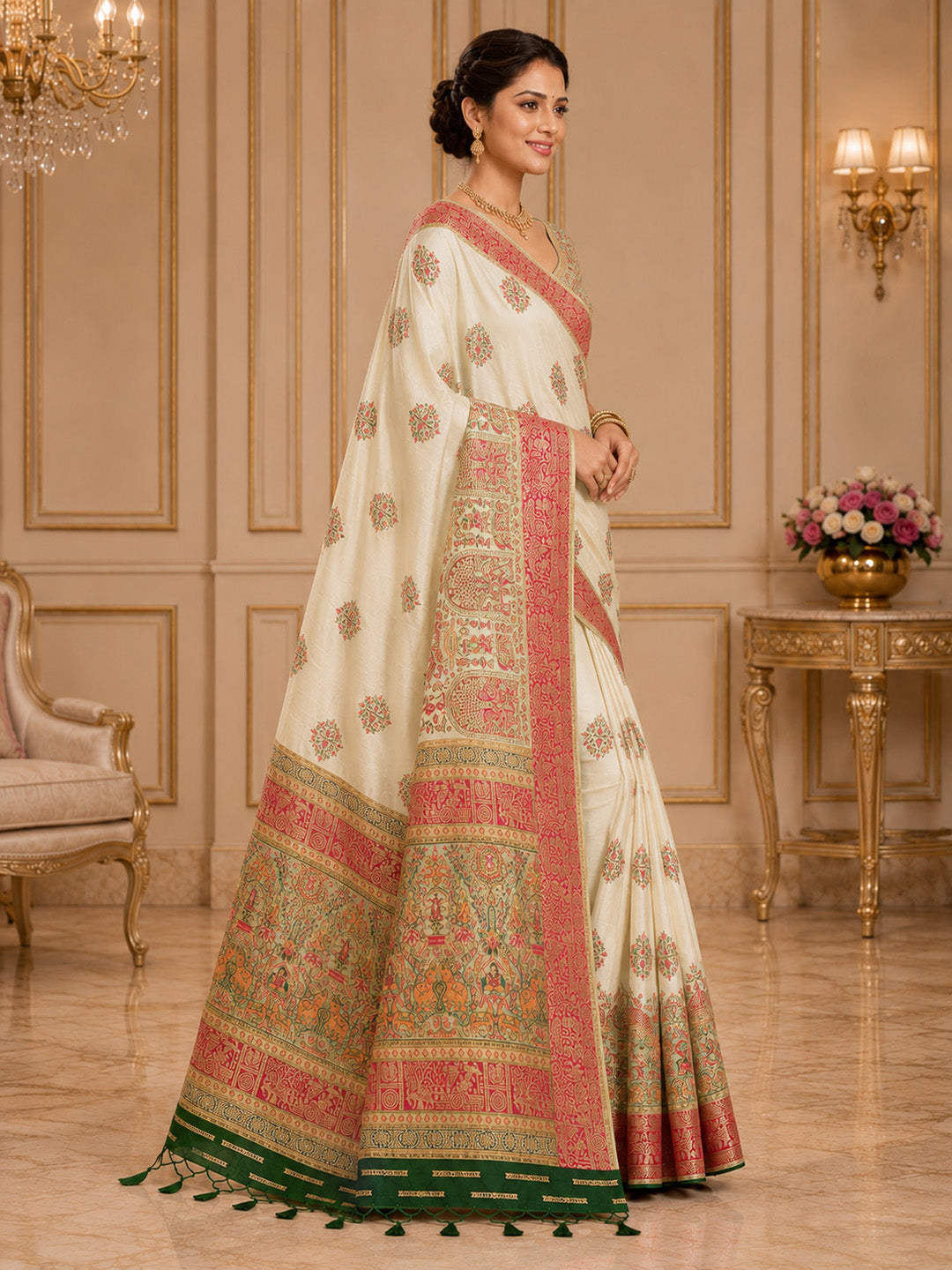 Off White Embroidered Art Silk Saree