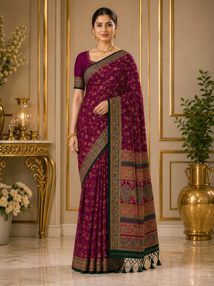 Wine Printed Art Silk Saree