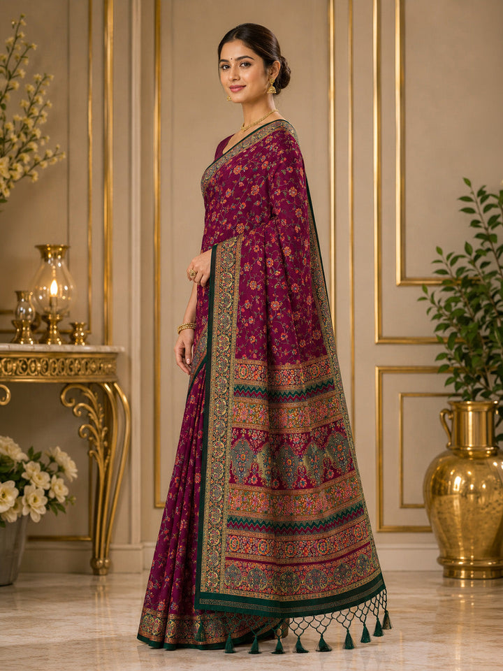 Wine Printed Art Silk Saree