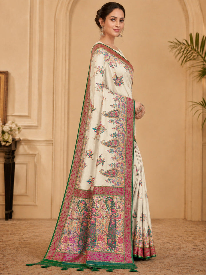Off White Embroidered Art Silk Saree