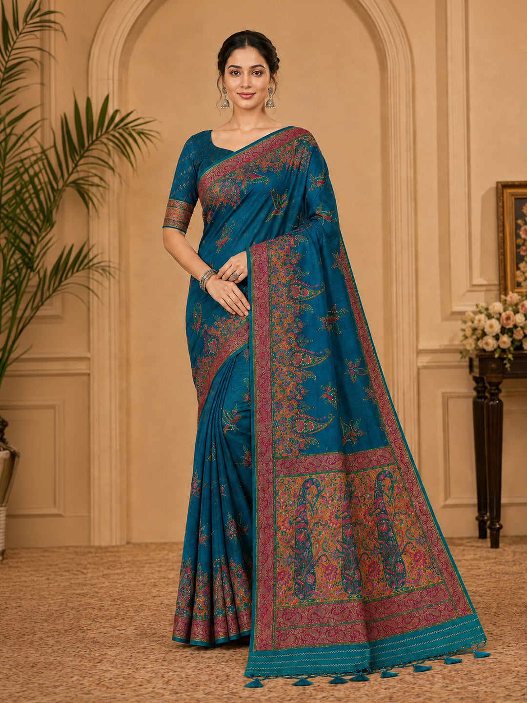 Peacock Blue Embroidered Art Silk Saree