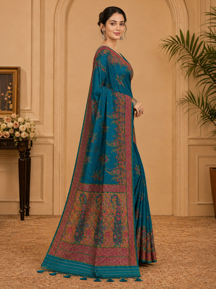 Peacock Blue Embroidered Art Silk Saree